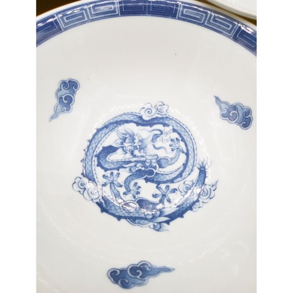 Set of 2 Blue White Porcelain Bowls Dragon and Landscape Design For Ramen 1 Mark - Picture 2 of 16